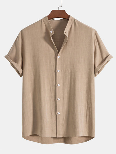 Linen And Rayon Blend Stand Collar Shirt & Linen Cotton Blend Drawstring Striped Shorts