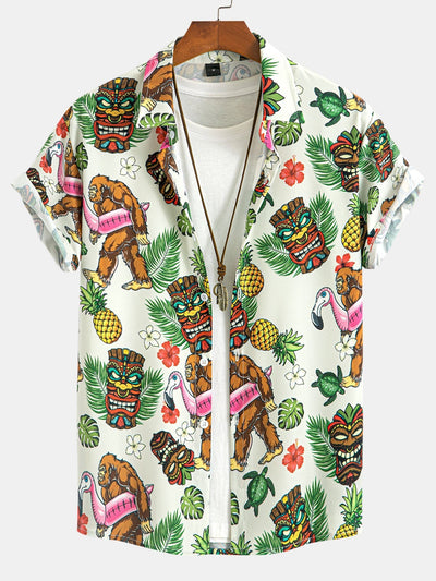 Tropical Tiki Bigfoot Print Button Up Shirt & Solid Drawstring Swim Shorts