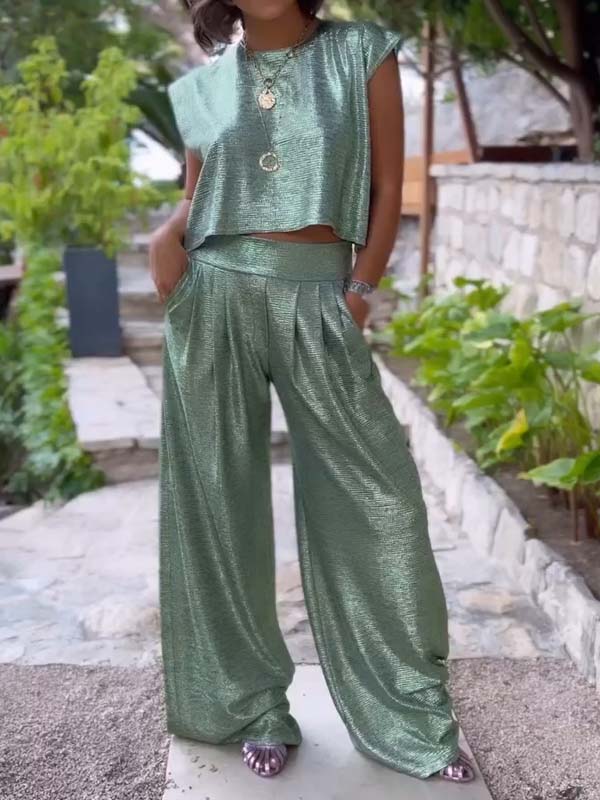 Casual and shiny women's vest and wide-leg pants