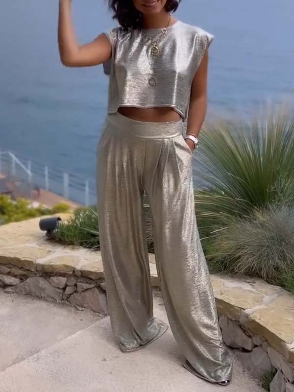 Casual and shiny women's vest and wide-leg pants