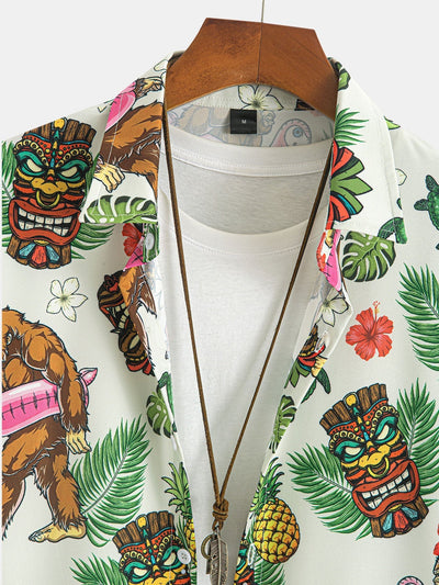 Tropical Tiki Bigfoot Print Button Up Shirt & Solid Drawstring Swim Shorts