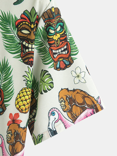 Tropical Tiki Bigfoot Print Button Up Shirt & Solid Drawstring Swim Shorts