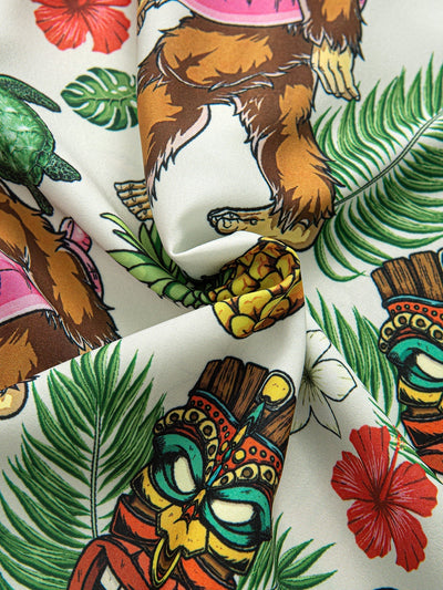 Tropical Tiki Bigfoot Print Button Up Shirt & Solid Drawstring Swim Shorts