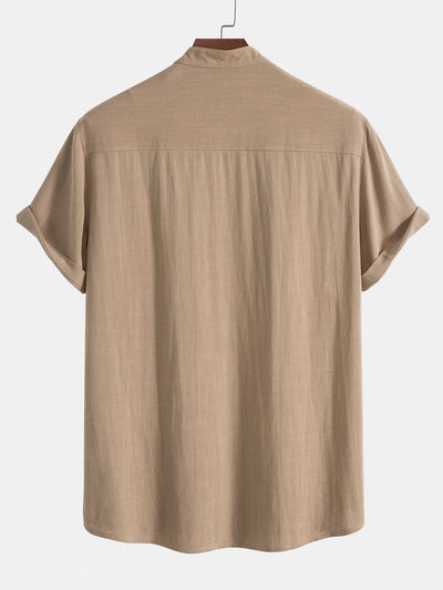 Linen And Rayon Blend Stand Collar Shirt & Linen Cotton Blend Drawstring Striped Shorts