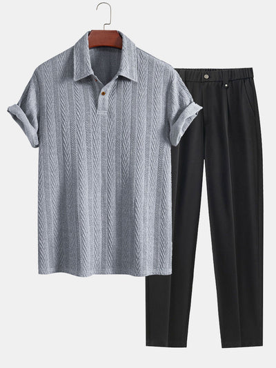 Short Sleeve Jacquard Polo & Slim Fit Cropped Tapered Pants