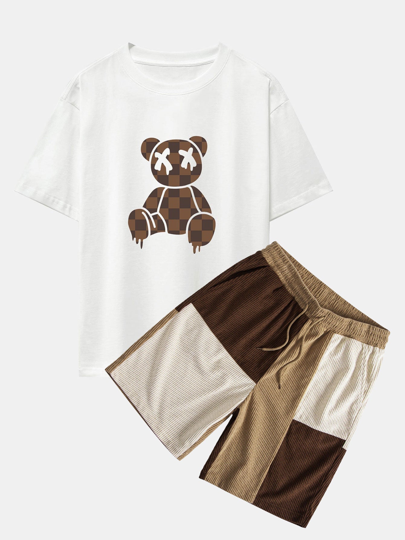 Checkerboard Dissolving Bear Drop Shoulder Oversize T-Shirt & Colorblock Corduroy Shorts