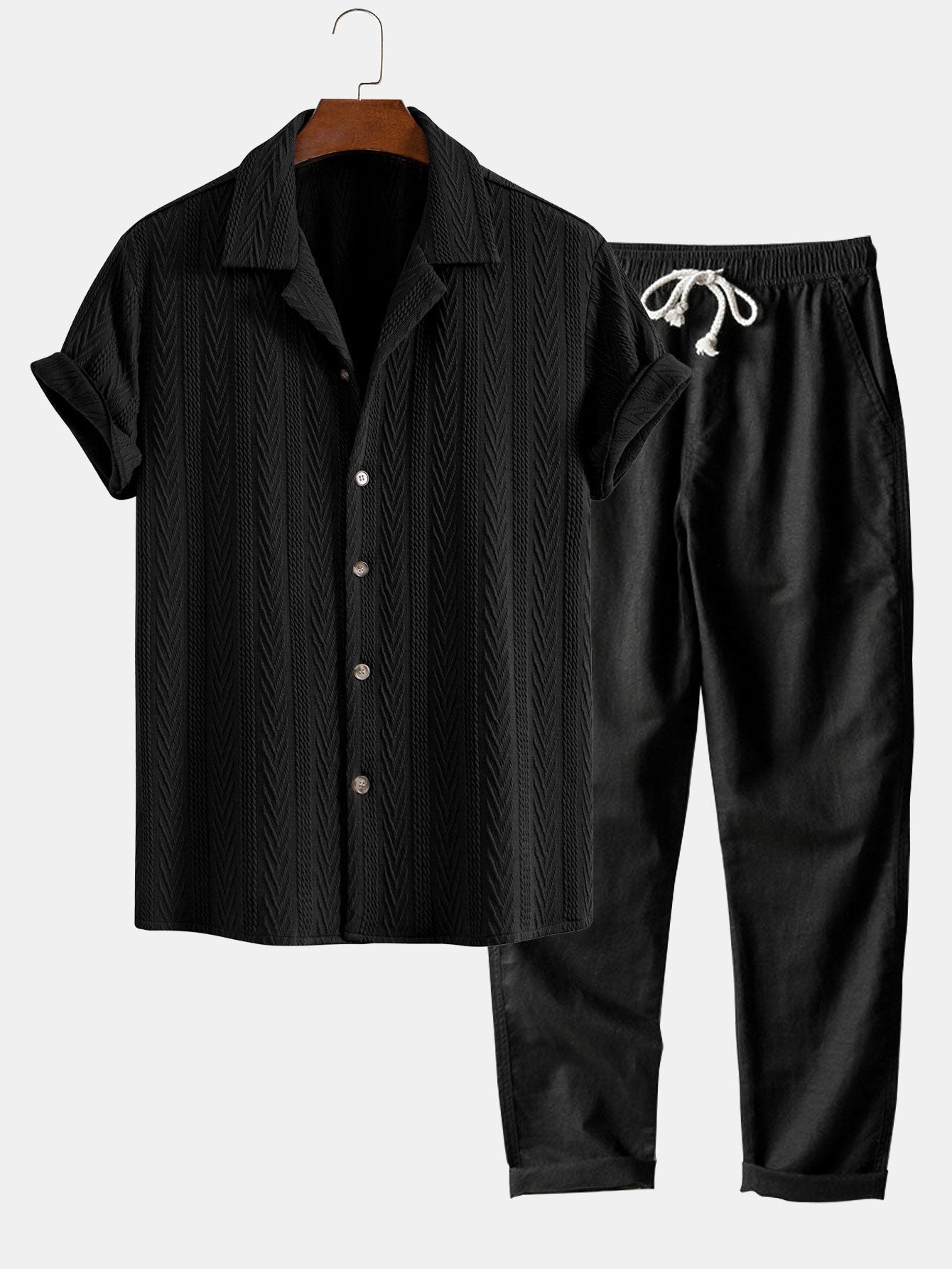 Texture Jacquard Cuban Shirt & Straight Leg Linen Pants