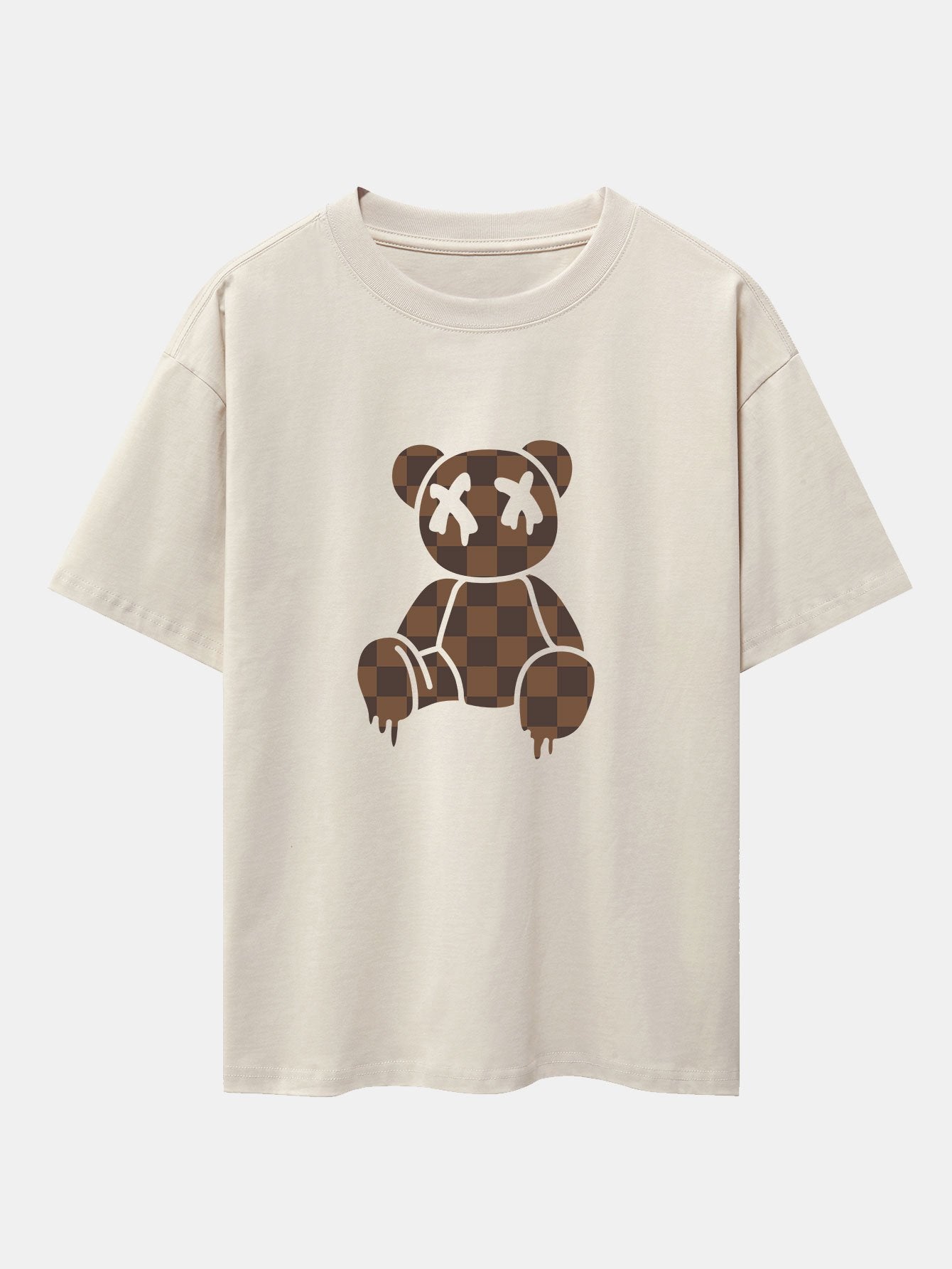 Checkerboard Dissolving Bear Drop Shoulder Oversize T-Shirt & Colorblock Corduroy Shorts