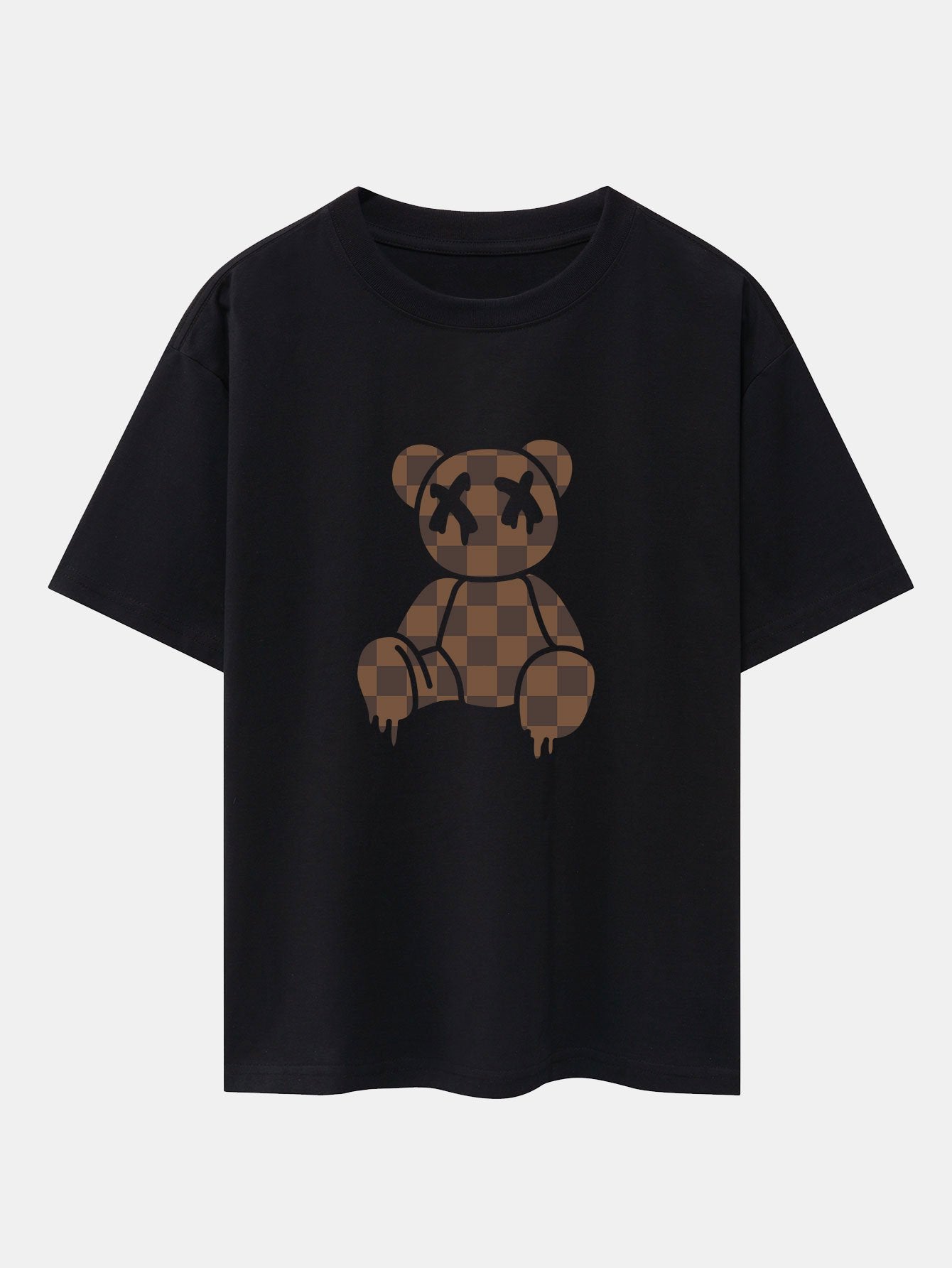Checkerboard Dissolving Bear Drop Shoulder Oversize T-Shirt & Colorblock Corduroy Shorts