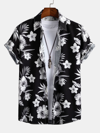 Tropical Floral Print Button Up Shirt & Linen Cotton Blend Cropped Pants