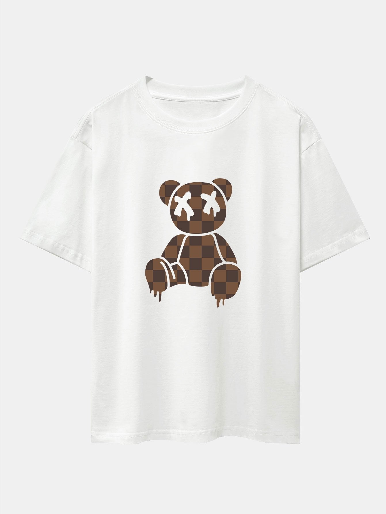 Checkerboard Dissolving Bear Drop Shoulder Oversize T-Shirt & Colorblock Corduroy Shorts